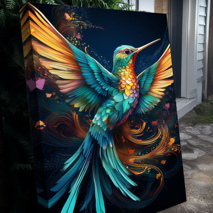 Humming Bird Abstract Wall Art II canvas in vivid teal, orange, gold hues on Tampa Home & Garden Store