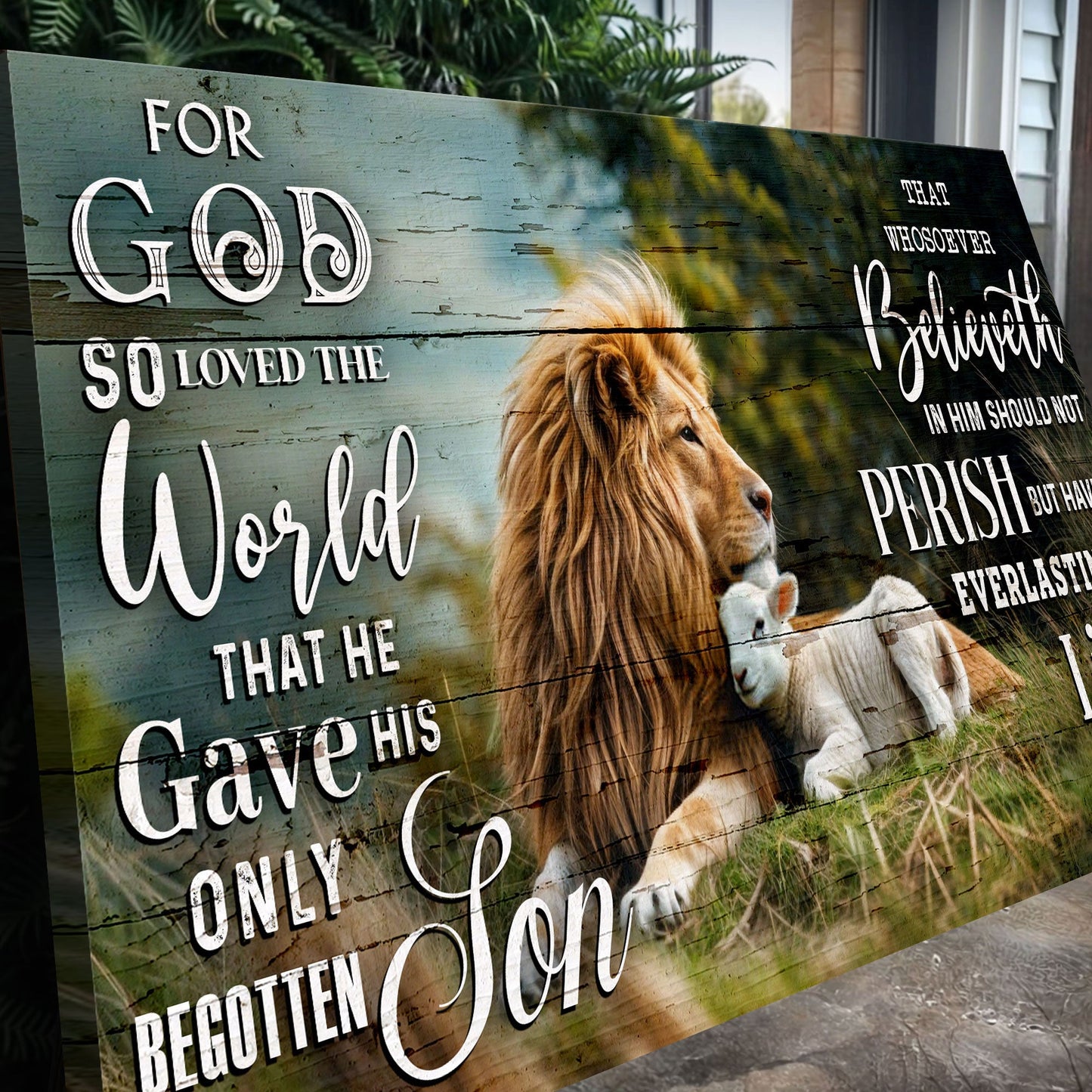Canvas faith sign Tailored Canvases John 3:16 For God So Loved The World script on rustic wood on Tampa Home & Garden Store