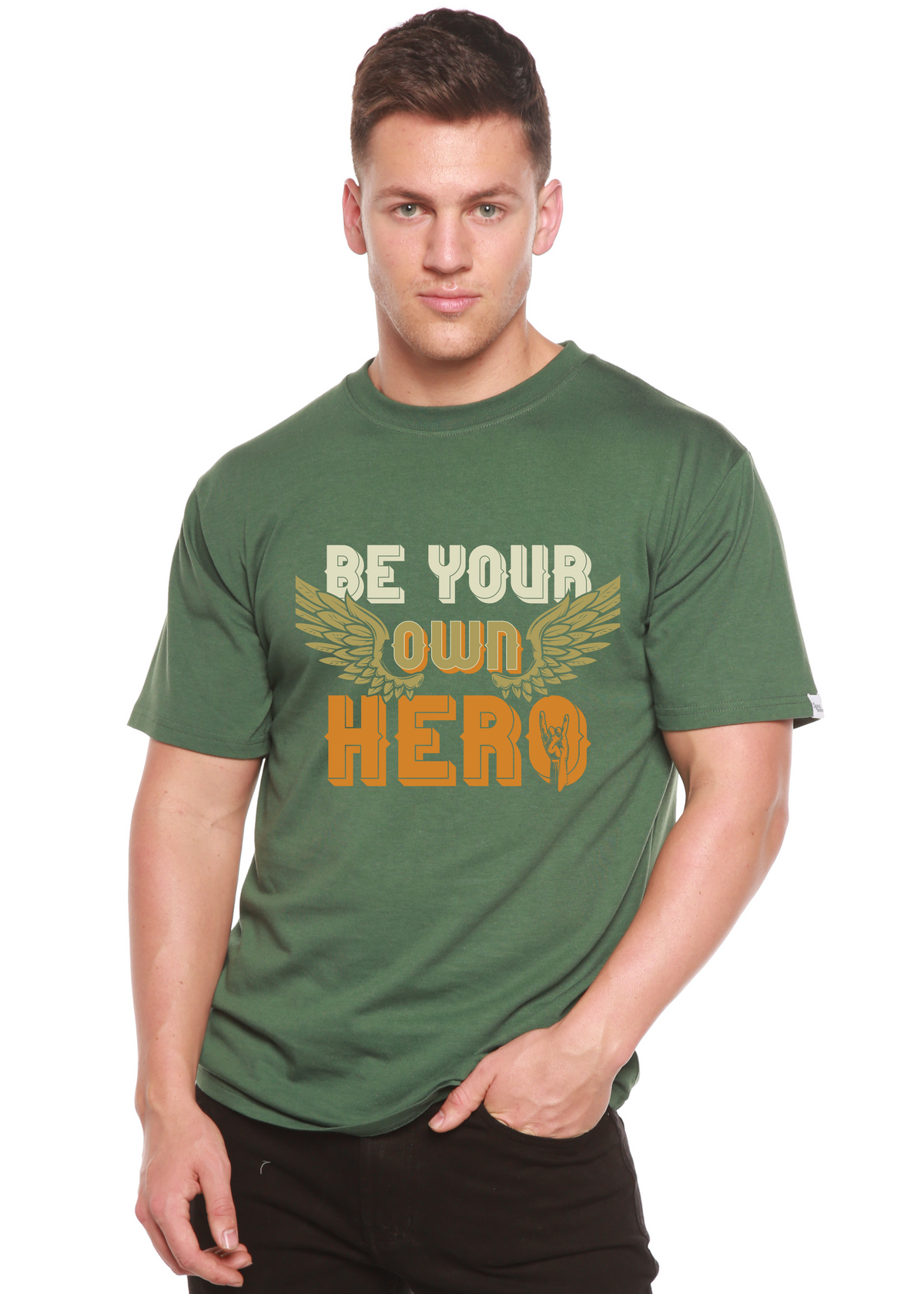 Be Your Own Hero men's green bamboo viscose organic cotton graphic tee with winged design on Tampa Home & Garden Store