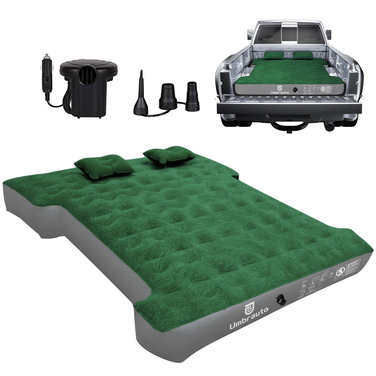 Umbrauto Nissan short-bed truck bed air mattress in green with pump and nozzle adapters in bed on Tampa Home & Garden Store
