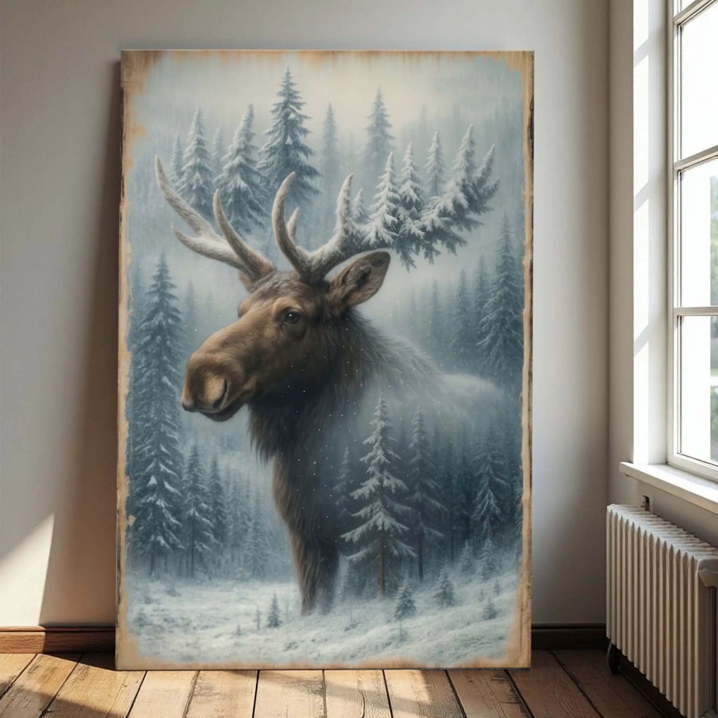 Snowy Forest Moose Double Exposure Canvas by Tailored Canvases, blue winter forest on Tampa Home & Garden Store