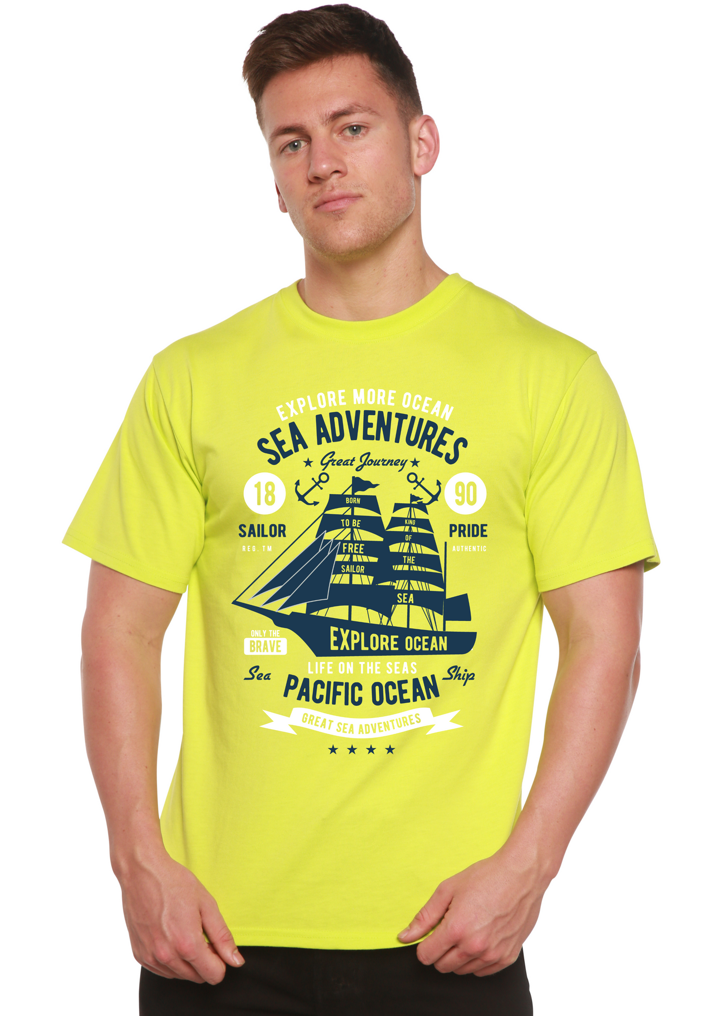 Sea Adventures Spun Bamboo men's neon yellow short sleeve graphic tee with ship motif on Tampa Home & Garden Store