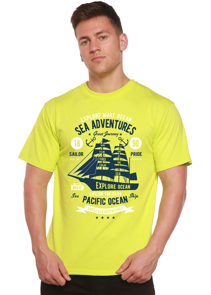 Sea Adventures Spun Bamboo men's neon yellow short sleeve graphic tee with ship motif on Tampa Home & Garden Store