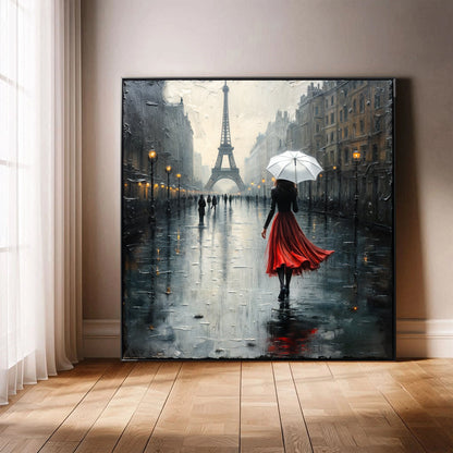 Paris Stroll Painting on Canvas, grayscale Paris scene with red-dress figure, Tailored Canvases on Tampa Home & Garden Store