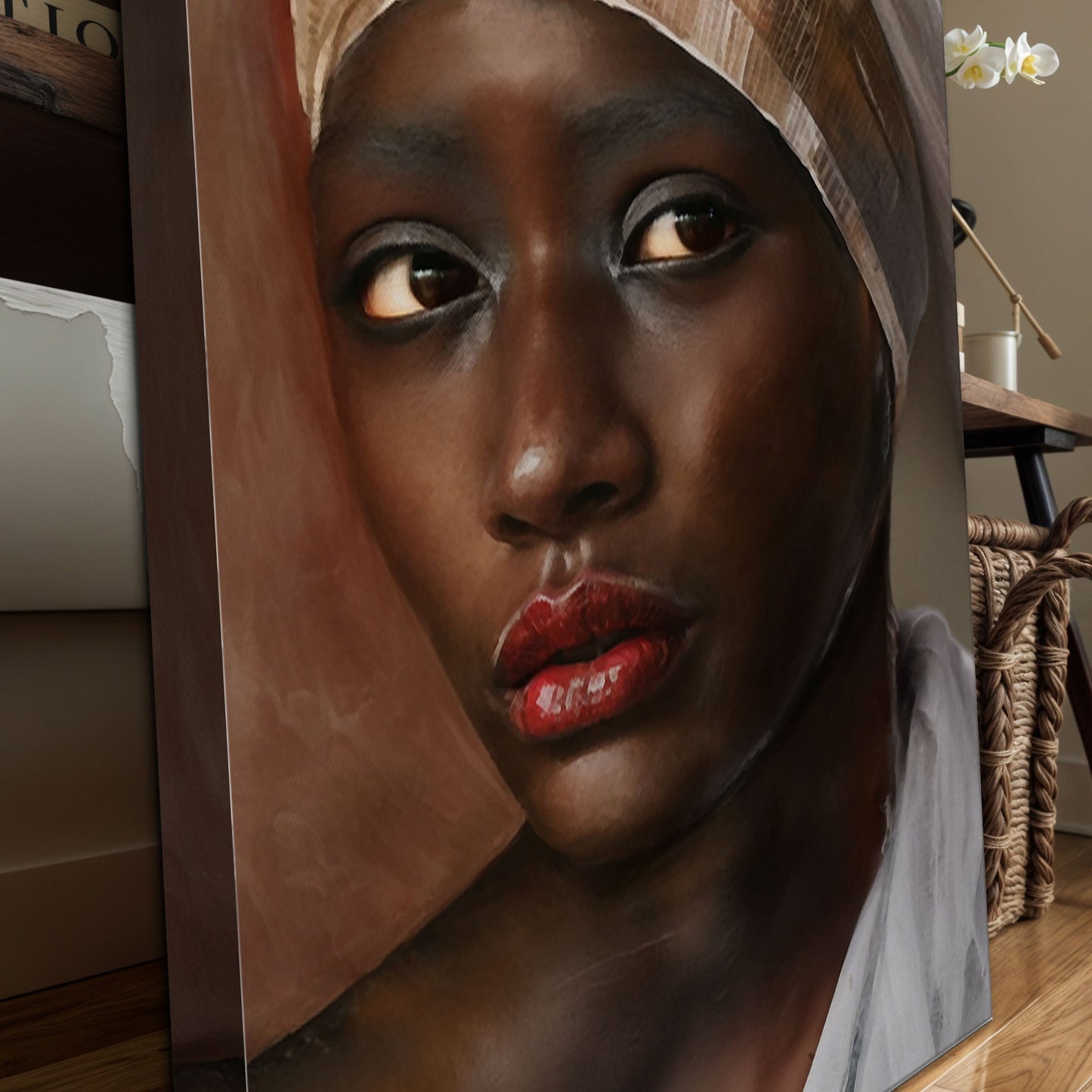 African Woman Painting Wall Art Canvas dark skin tones red lips headwrap Tailored Canvases on Tampa Home & Garden Store