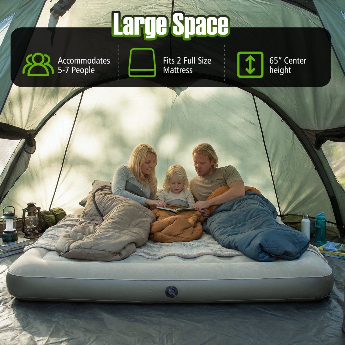 GemGear 5-7 person inflatable camping tent in green with interior and family on mattress on Tampa Home & Garden Store