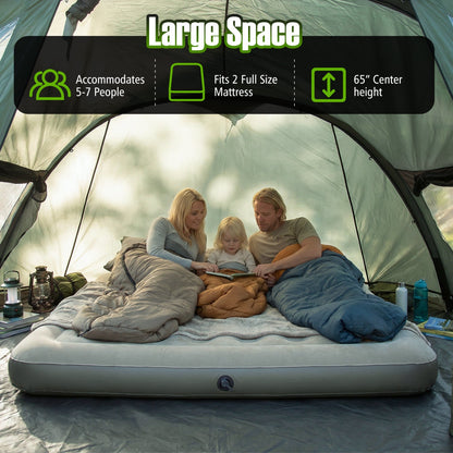 GemGear 5-7 person inflatable camping tent in green with interior and family on mattress on Tampa Home & Garden Store