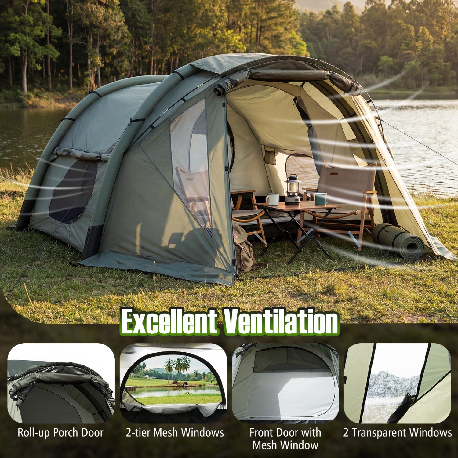 GemGear 5-7 Person inflatable camping tent with screened porch green lakeside setup on Tampa Home & Garden Store
