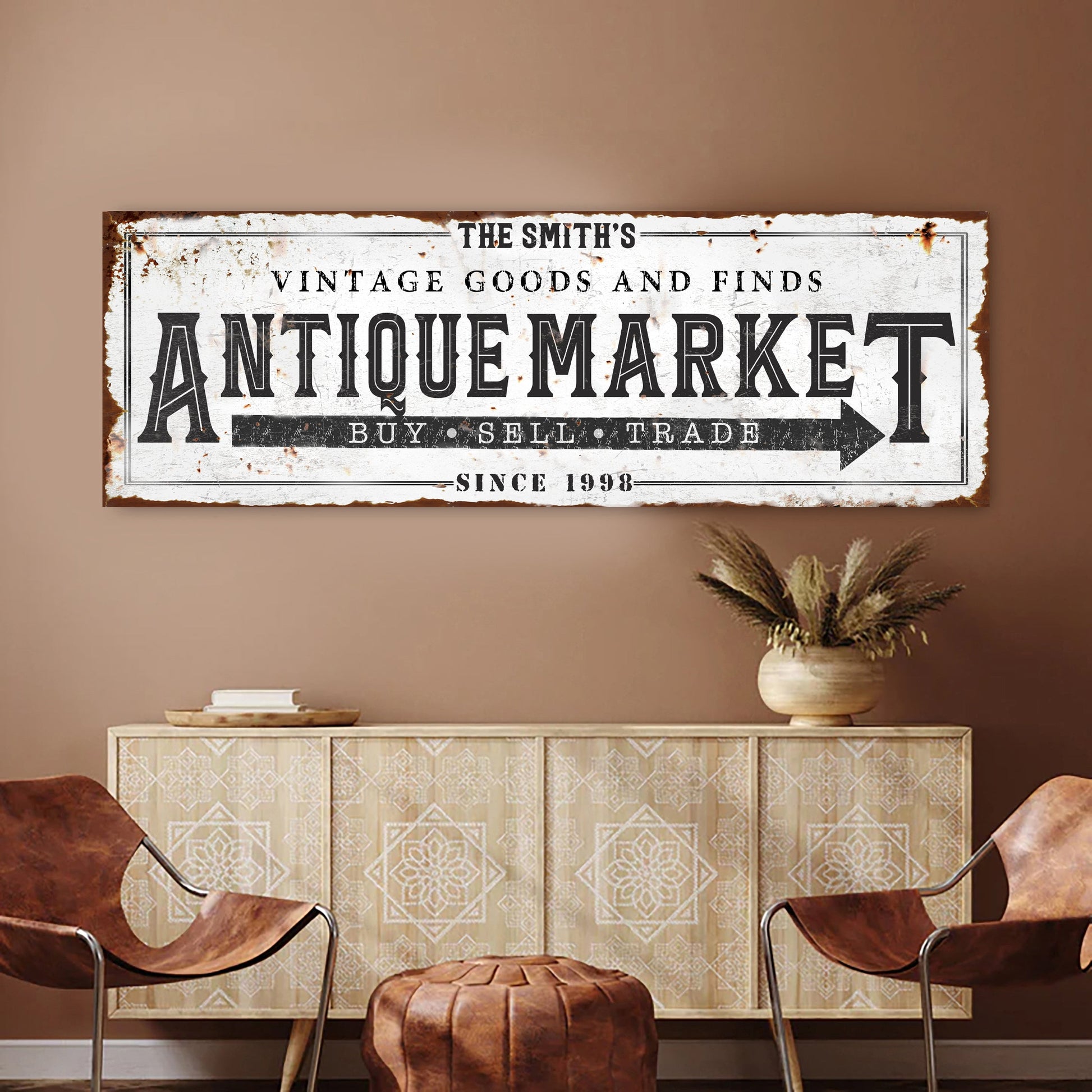 Vintage Antique Market Sign II canvas with rust stains Tailored Canvases on Tampa Home & Garden Store on Tampa Home & Garden Store
