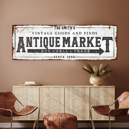 Vintage Antique Market Sign II canvas with rust stains Tailored Canvases on Tampa Home & Garden Store on Tampa Home & Garden Store