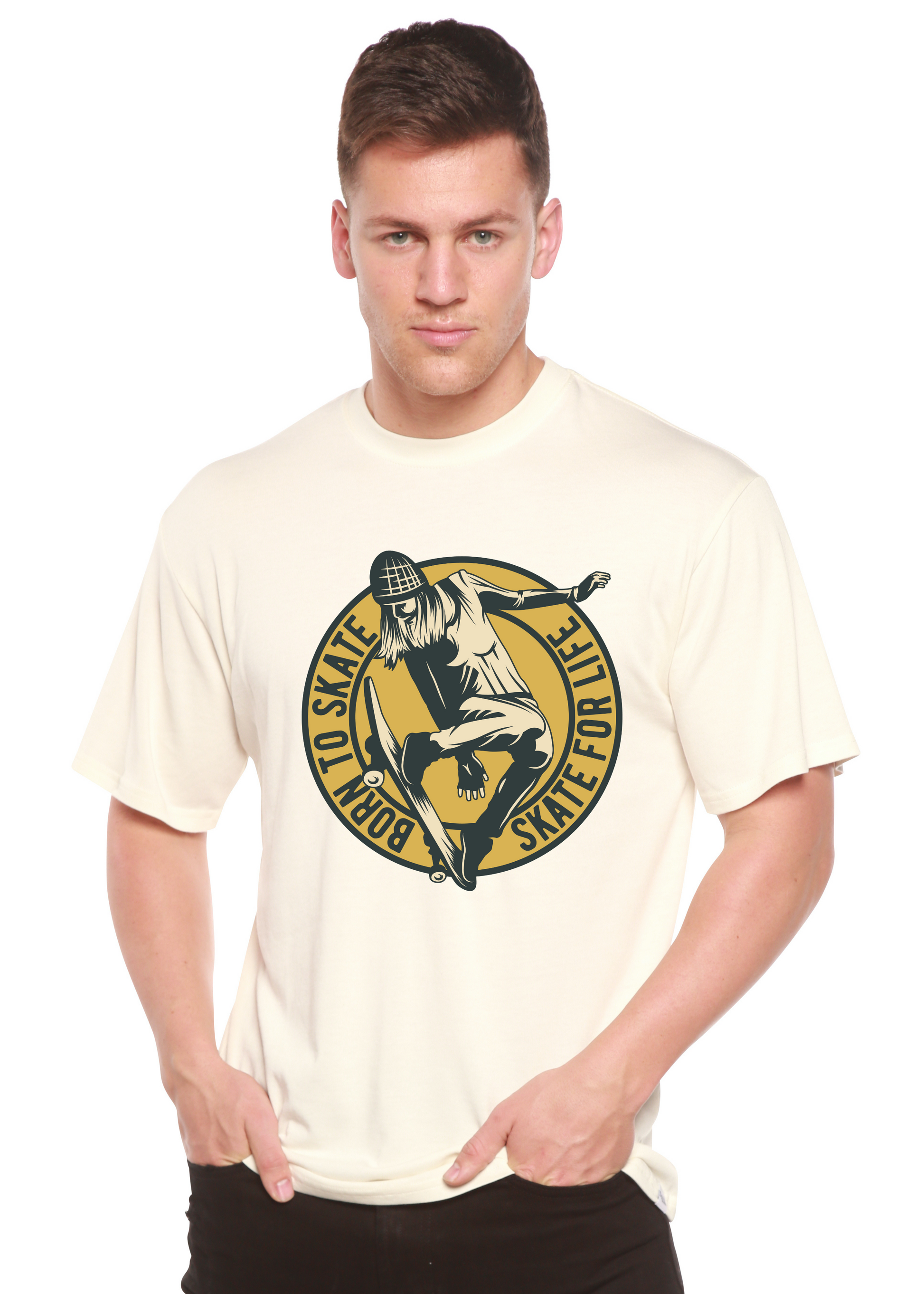 Skate For Life men's bamboo viscose/organic cotton graphic tee with circular skateboard logo on ivory by Spun Bamboo on Tampa Home & Garden Store