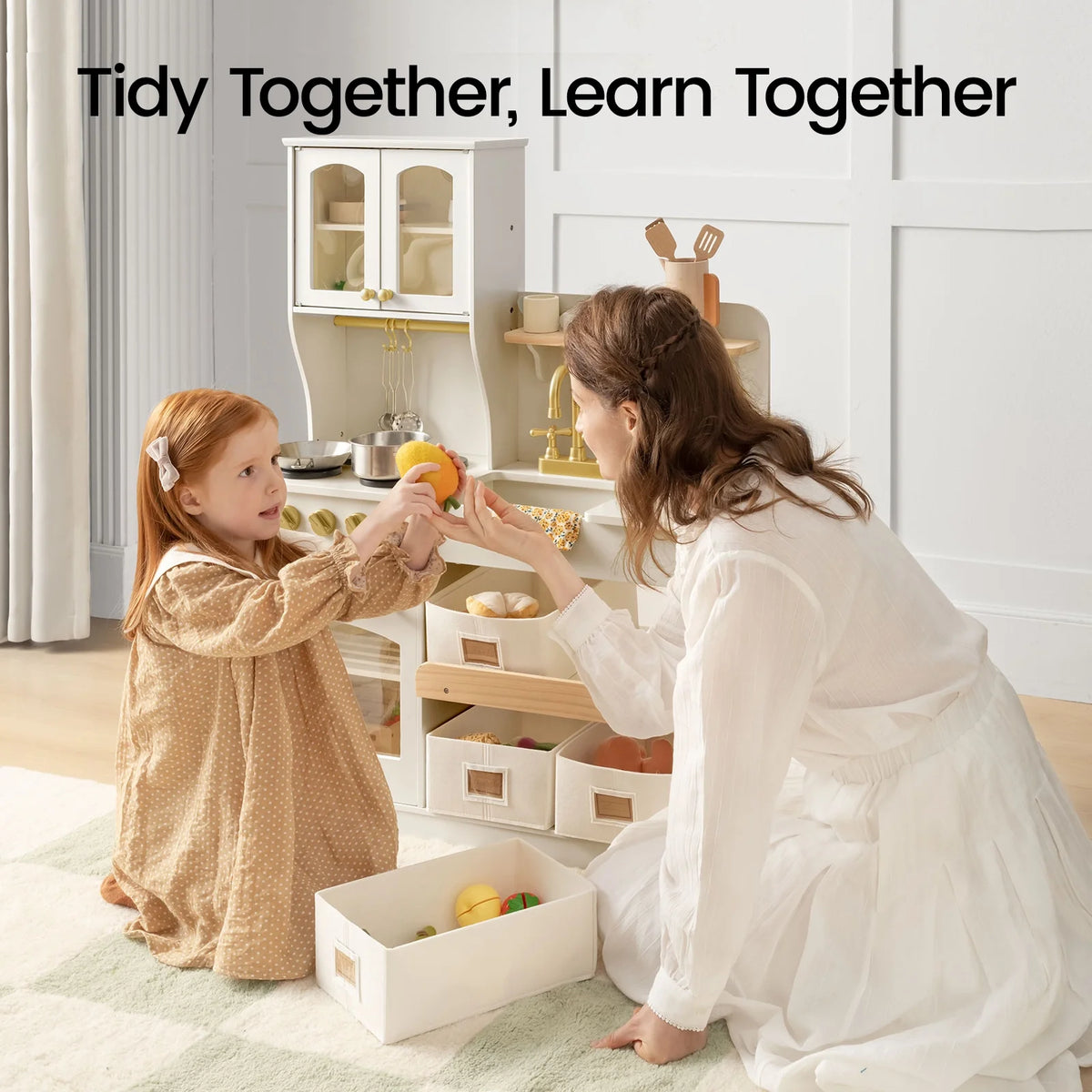 Tiny Land INC wooden play kitchen with storage, white finish and natural wood accents on Tampa Home & Garden Store