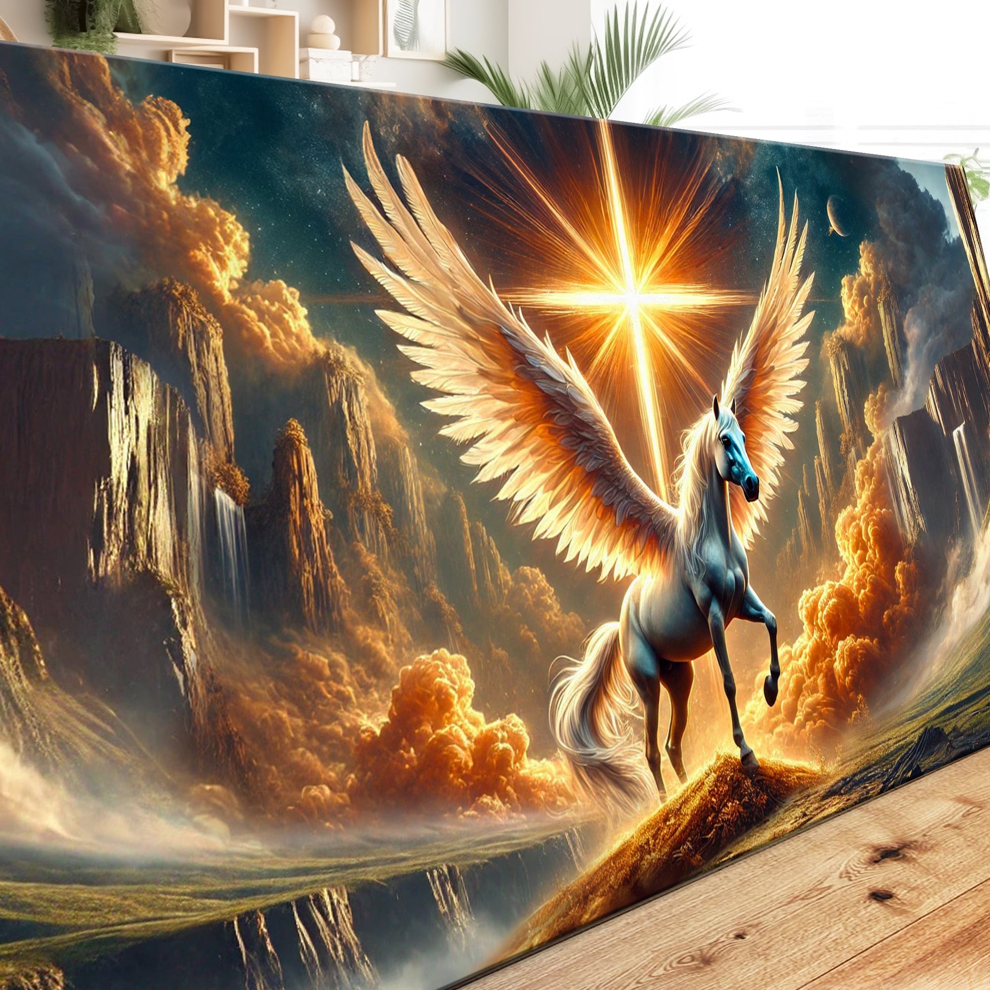 3D Horse Faith Wall Art V canvas by Tailored Canvases featuring winged horse in golden sky on Tampa Home & Garden Store