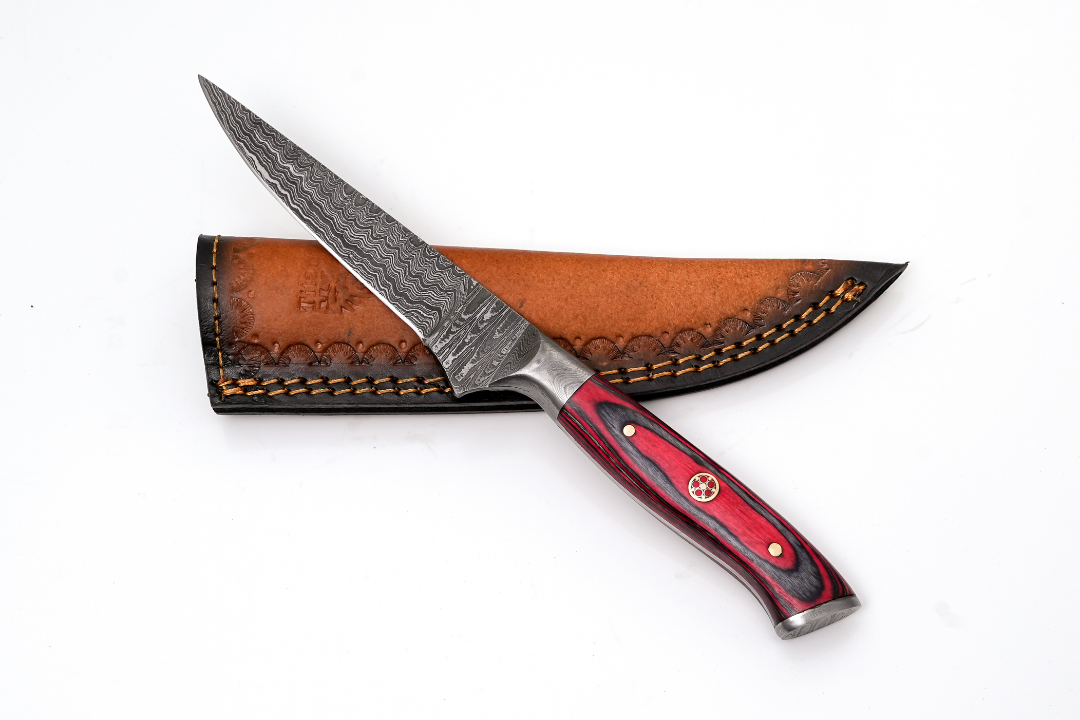 Titan International K Hand-Forged Damascus Skinning Knife with red Pakkawood handle on Tampa Home & Garden Store