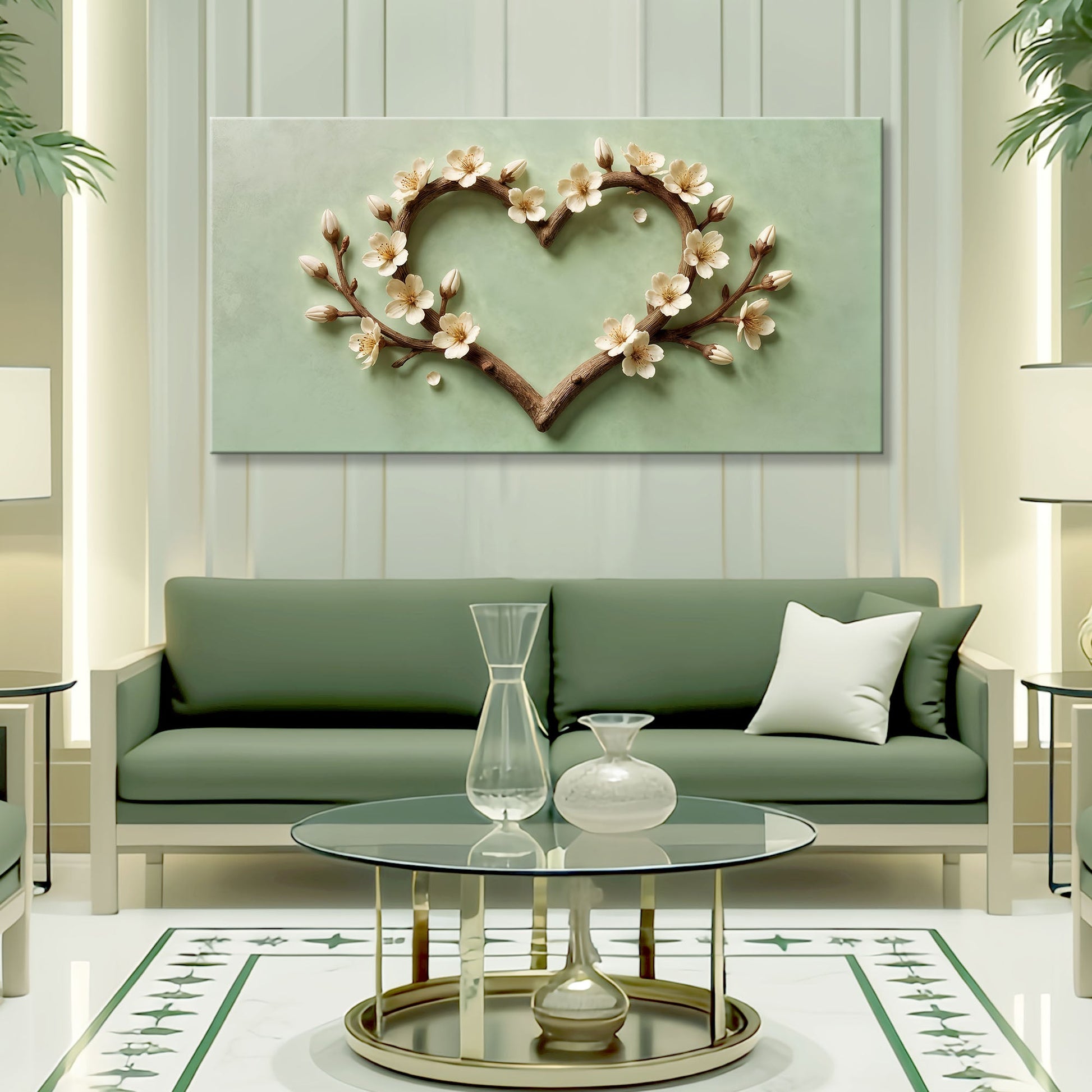 Harmony in Bloom Wall Art canvas by Tailored Canvases, green backdrop with white blossoms on Tampa Home & Garden Store