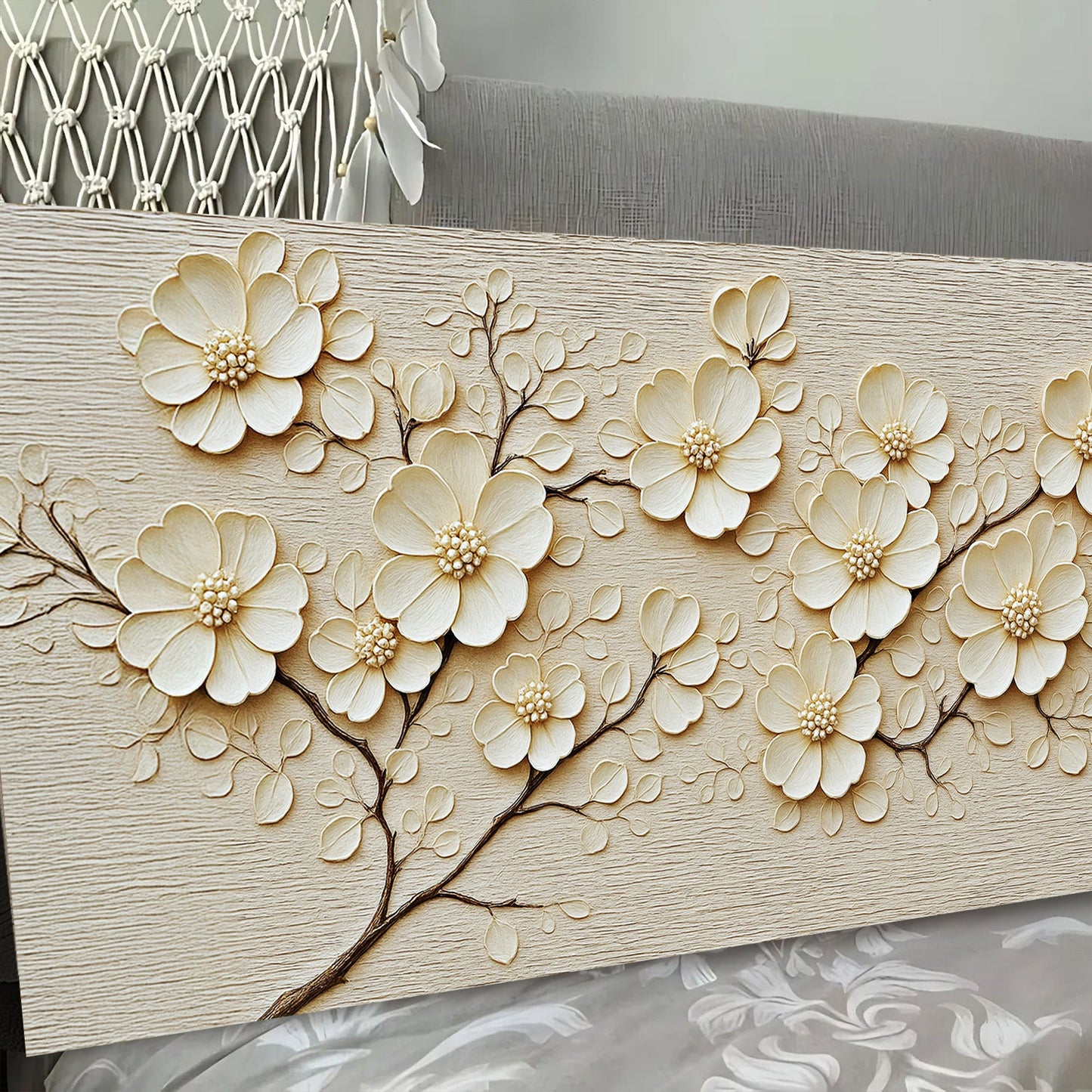 Minimalist Wall Art VIII canvas with cream floral relief on beige background Tailored Canvases on Tampa Home & Garden Store