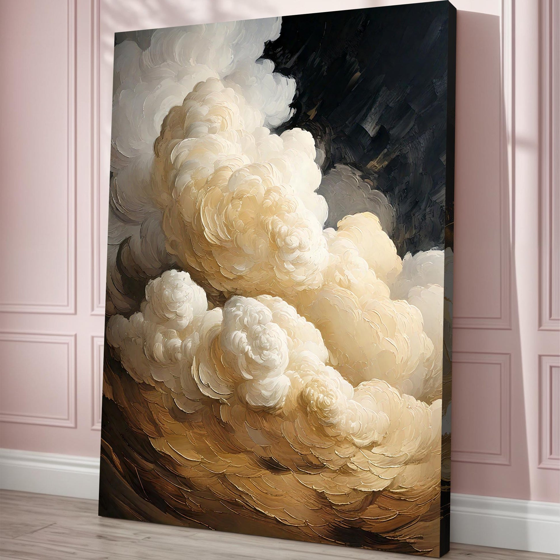 Beige Cloud Abstract Canvas Wall Art by Tailored Canvases, cream clouds on dark gradient on Tampa Home & Garden Store