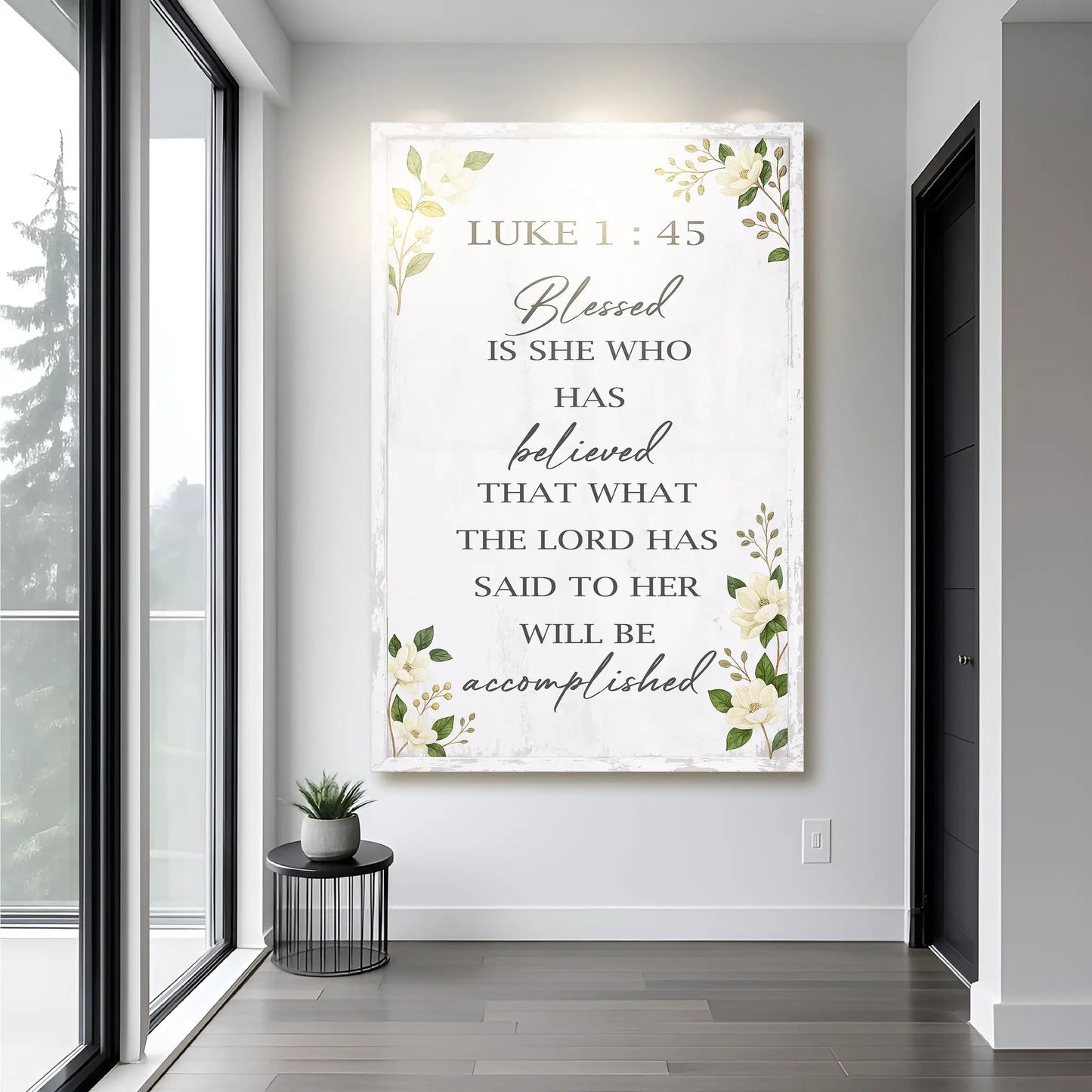 Blessed Is She Who Has Believed Luke 1:45 canvas by Tailored Canvases with gold lettering on Tampa Home & Garden Store