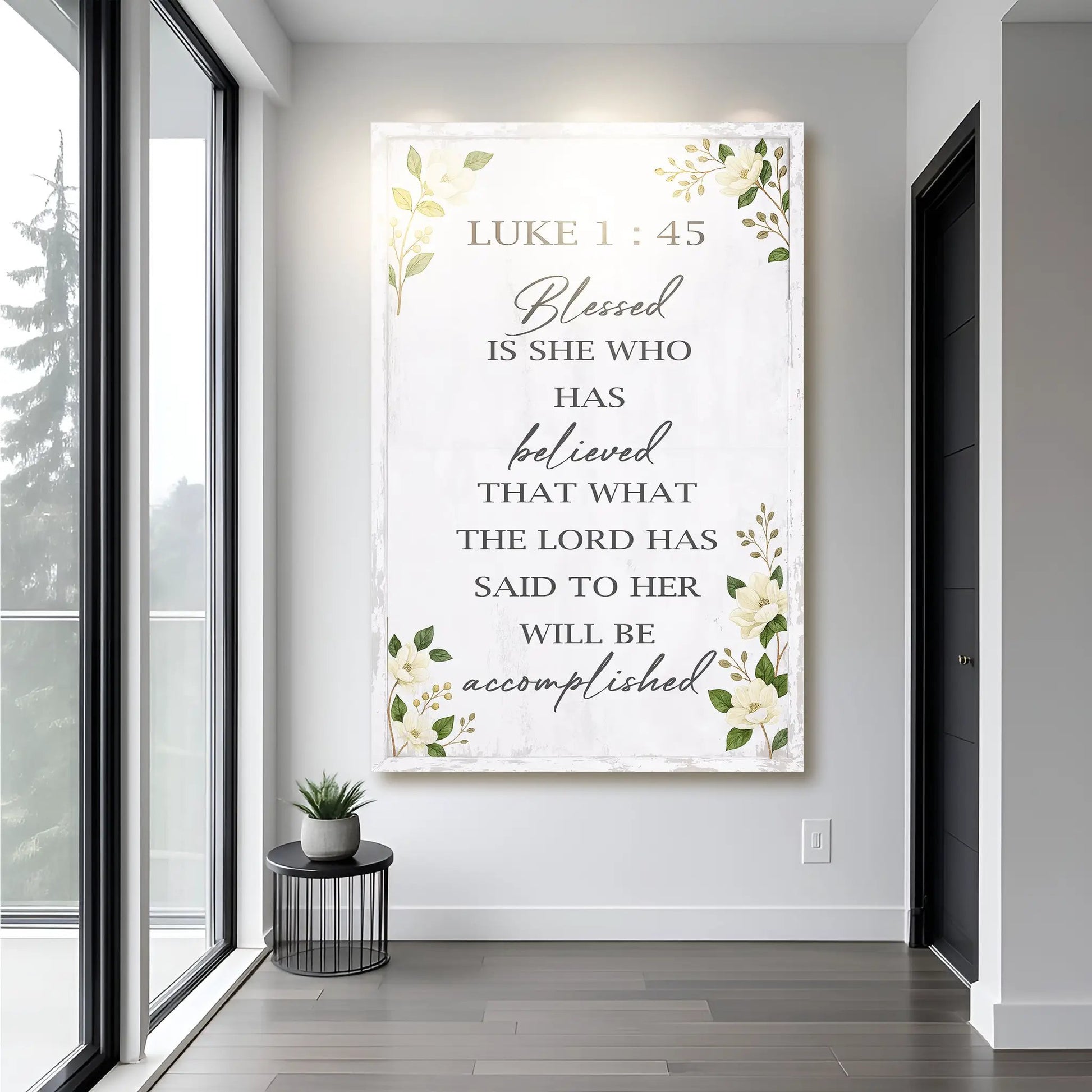Blessed Is She Who Has Believed Luke 1:45 canvas by Tailored Canvases with gold lettering on Tampa Home & Garden Store