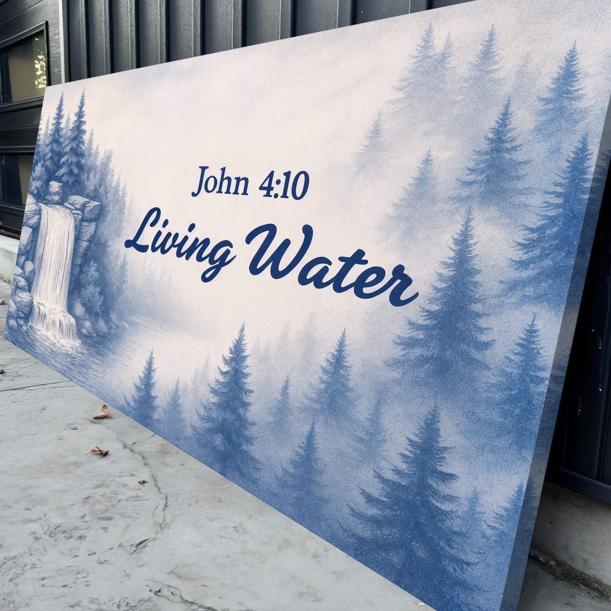 Living Water John 4:10 faith sign canvas with blue forest design by Tailored Canvases on Tampa Home & Garden Store
