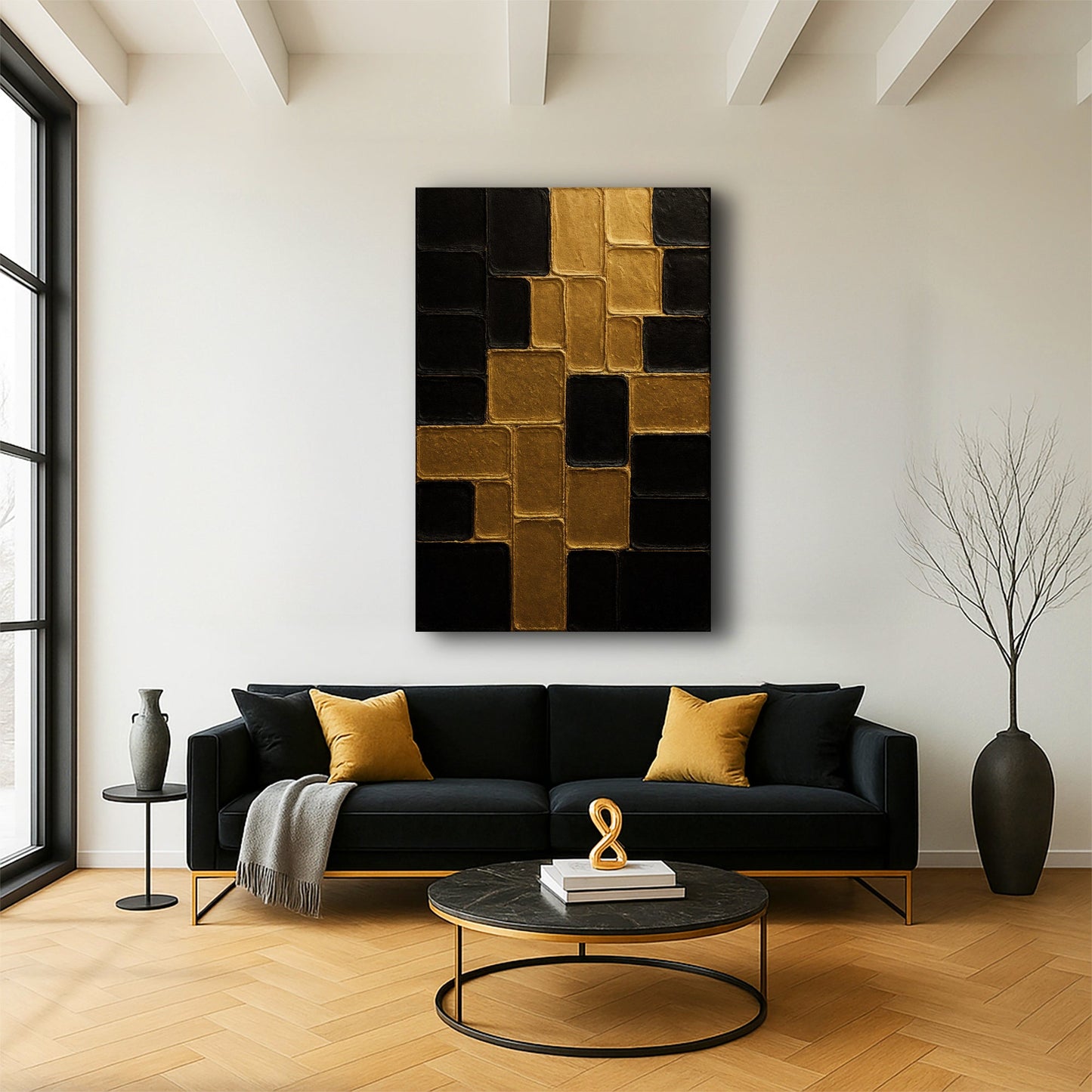 Canvas wall art Contemporary Black and Gold Wall Art II featuring a black and gold tile grid by Tailored Canvases on Tampa Home & Garden Store