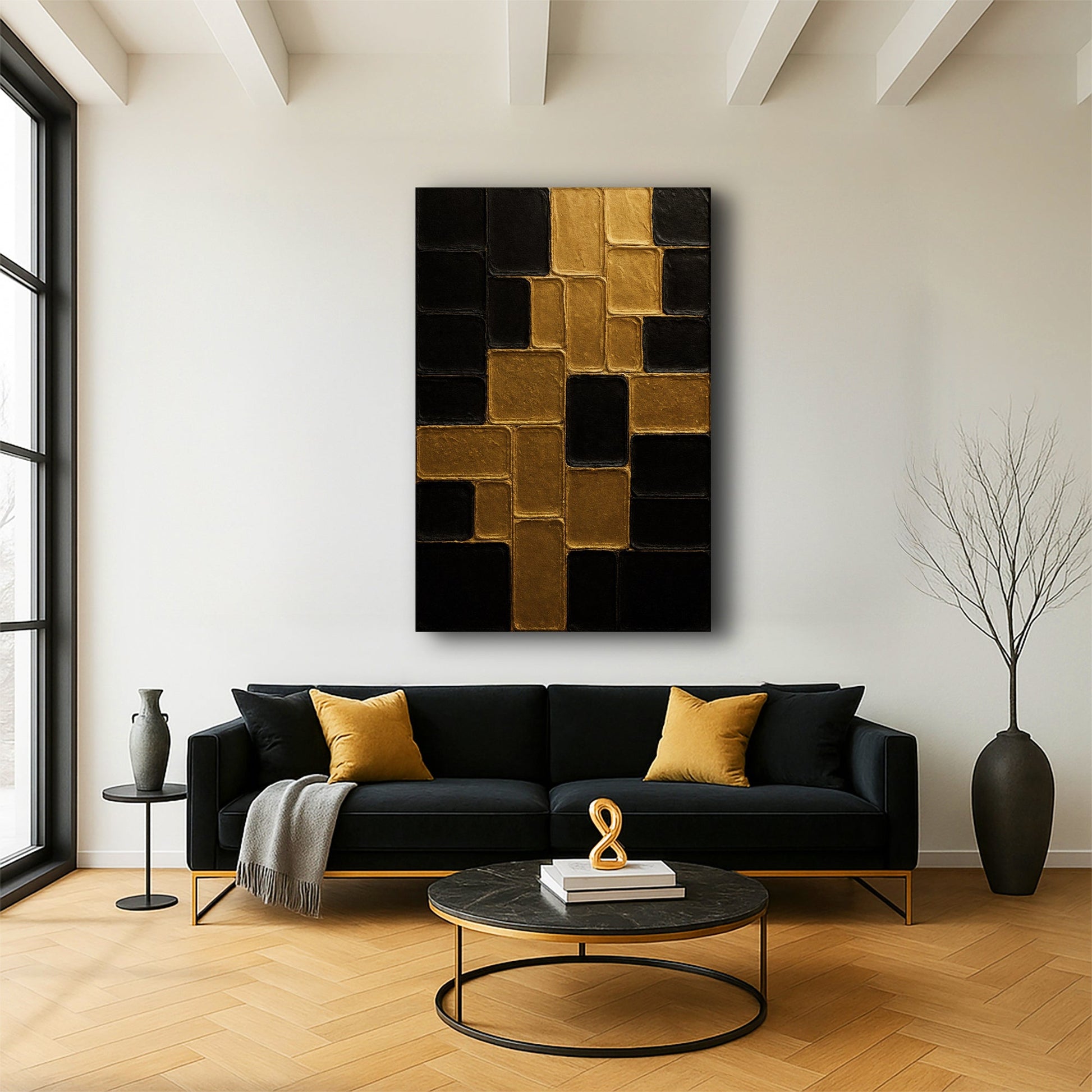 Canvas wall art Contemporary Black and Gold Wall Art II featuring a black and gold tile grid by Tailored Canvases on Tampa Home & Garden Store