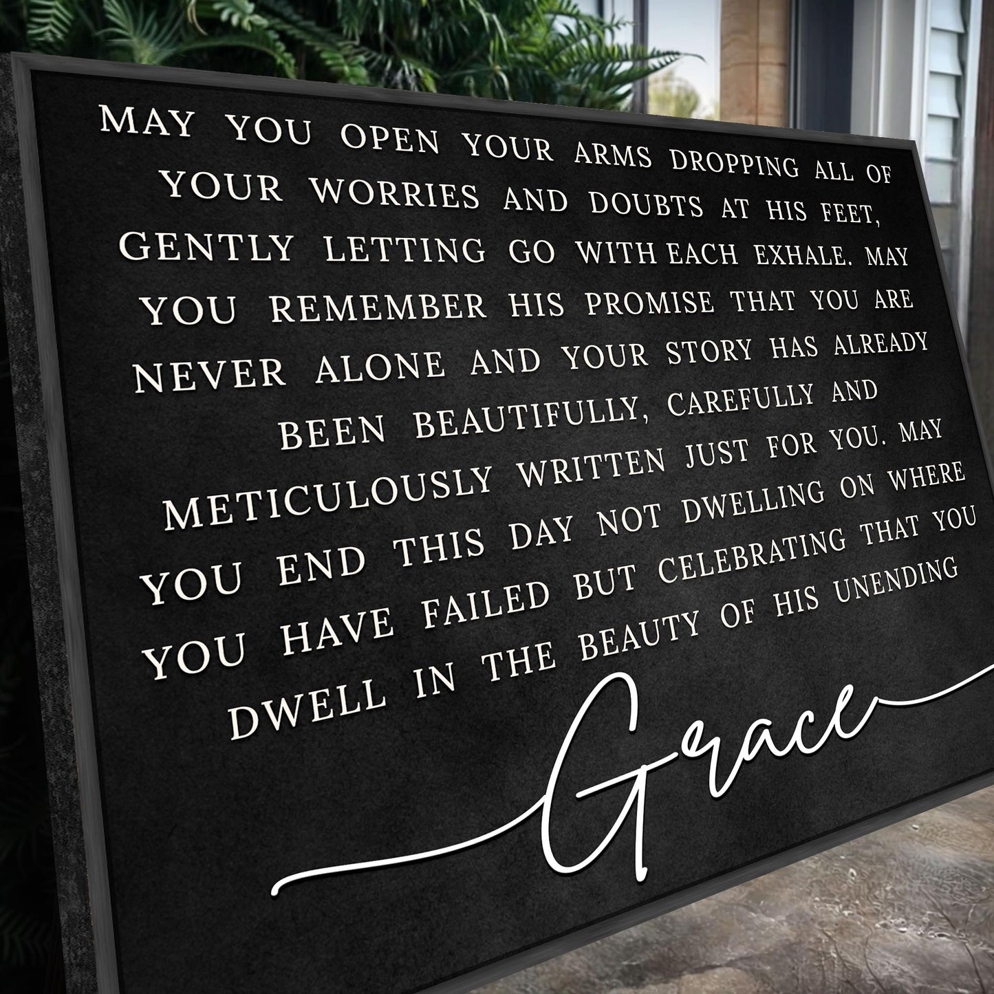 Unending Grace Faith Sign canvas by Tailored Canvases, black surface with white uppercase text on Tampa Home & Garden Store