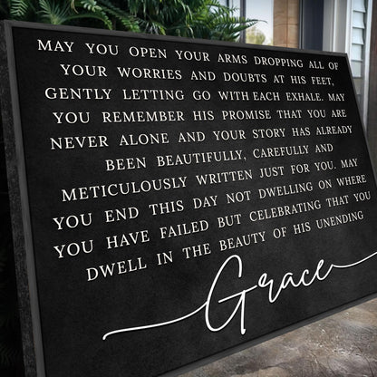Unending Grace Faith Sign canvas by Tailored Canvases, black surface with white uppercase text on Tampa Home & Garden Store