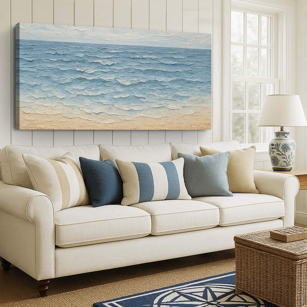 Serene Ocean Wave Wall Art VI canvas by Tailored Canvases; blue gradient with sandy tones on Tampa Home & Garden Store