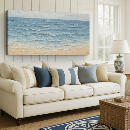 Serene Ocean Wave Wall Art VI canvas by Tailored Canvases; blue gradient with sandy tones on Tampa Home & Garden Store