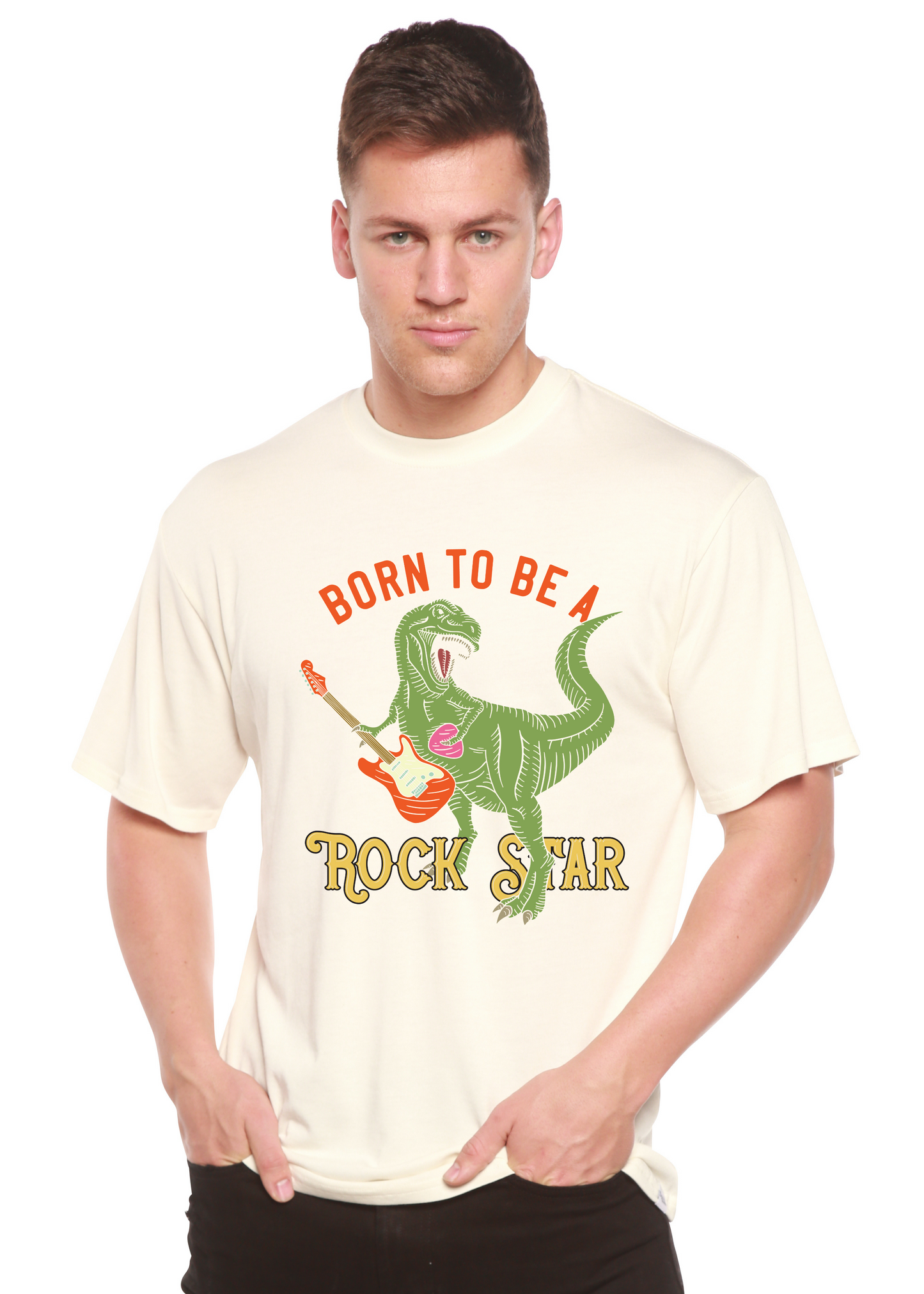 Born To Be A Rock Star men's bamboo tee with green dinosaur playing guitar on cream on Tampa Home & Garden Store