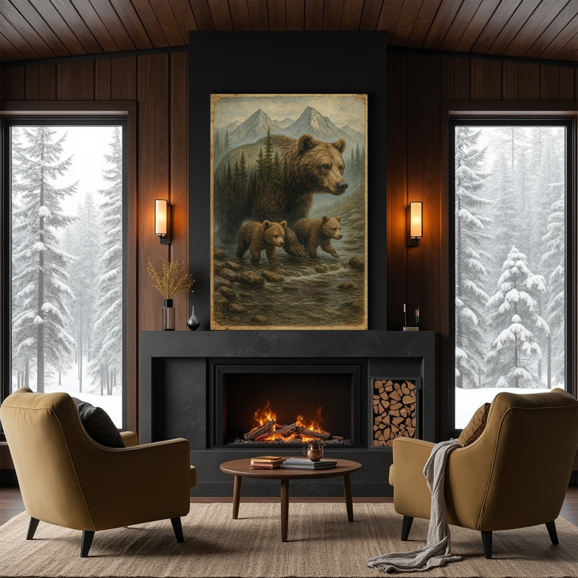 Mother Bear and Cubs Crossing canvas wall art by Tailored Canvases; gold-edged wildlife scene on Tampa Home & Garden Store