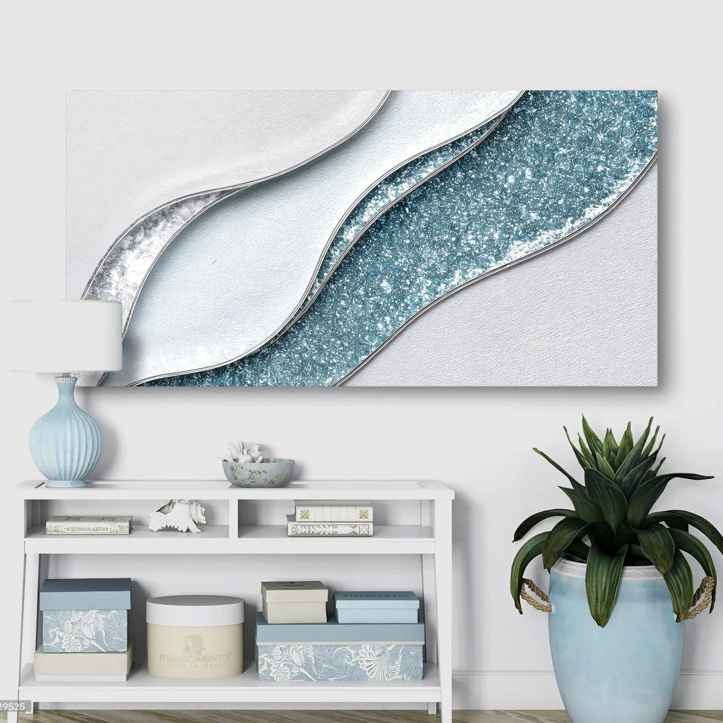 Lighter Waves Wall Art canvas by Tailored Canvases, layered silver and blue wave panels on Tampa Home & Garden Store