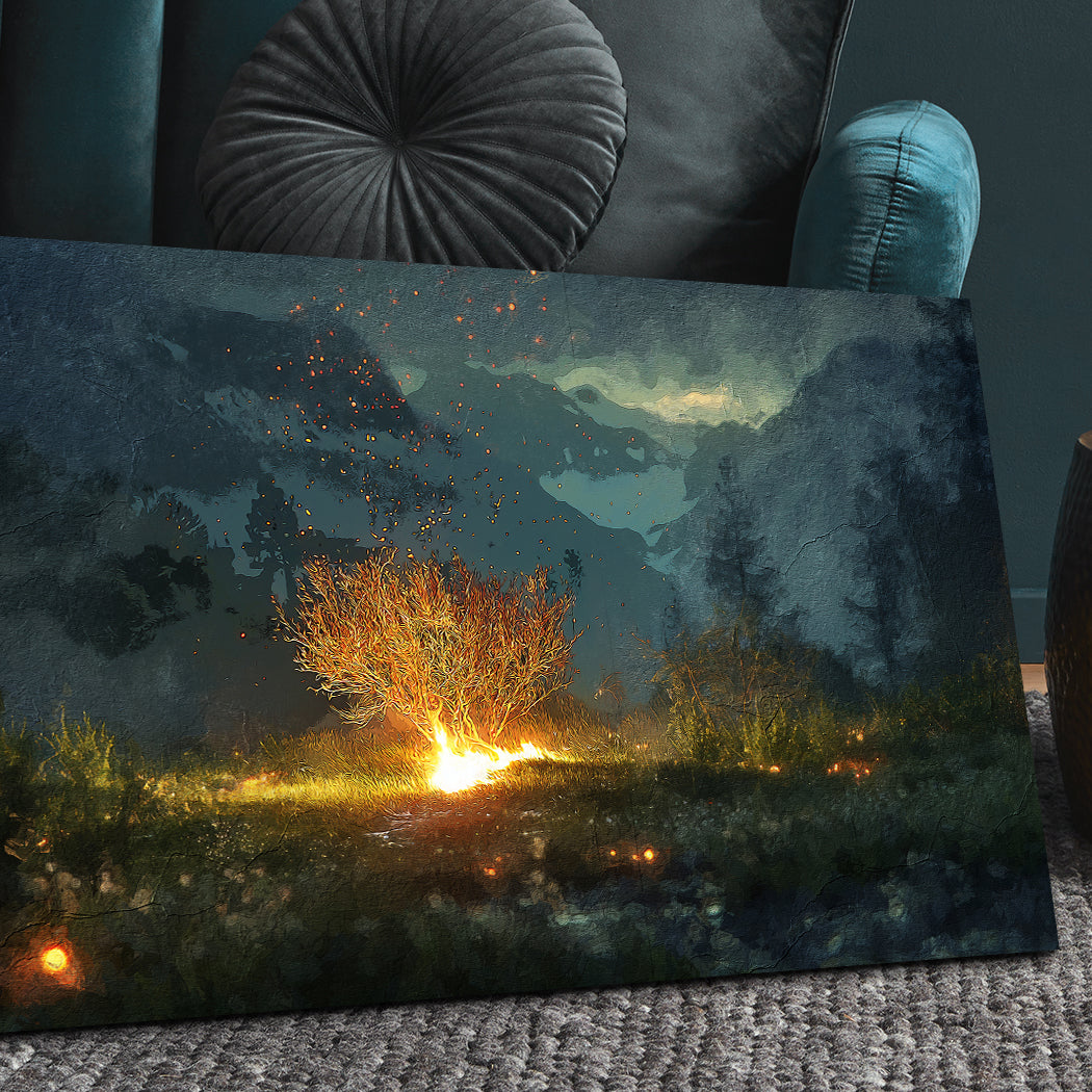 Holy Ground Faith Wall Art canvas: fiery orange bush with glowing embers in a blue landscape on Tampa Home & Garden Store