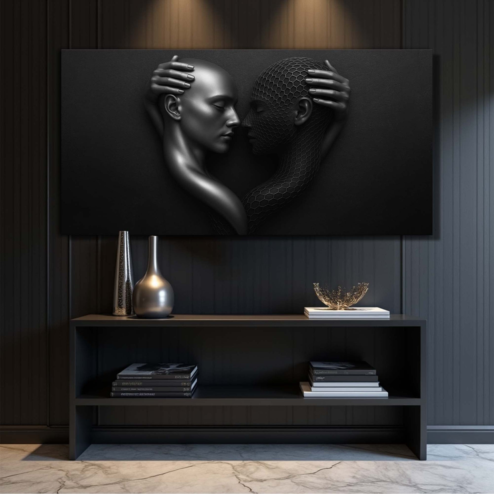Eternal Love Figure Abstract Wall Art III canvas with silver head and mesh head on black backdrop on Tampa Home & Garden Store