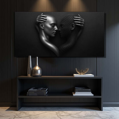Eternal Love Figure Abstract Wall Art III canvas with silver head and mesh head on black backdrop on Tampa Home & Garden Store