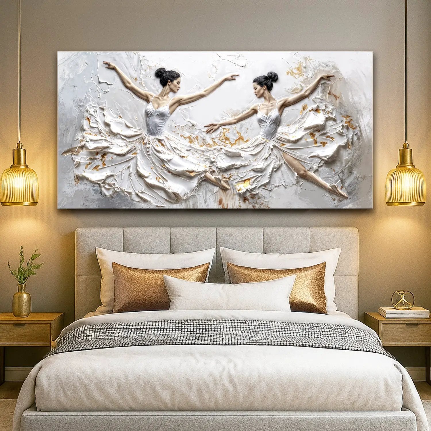 Modern Ethereal Dancers Canvas wall art with two ballerinas in white gowns and gold accents on Tampa Home & Garden Store
