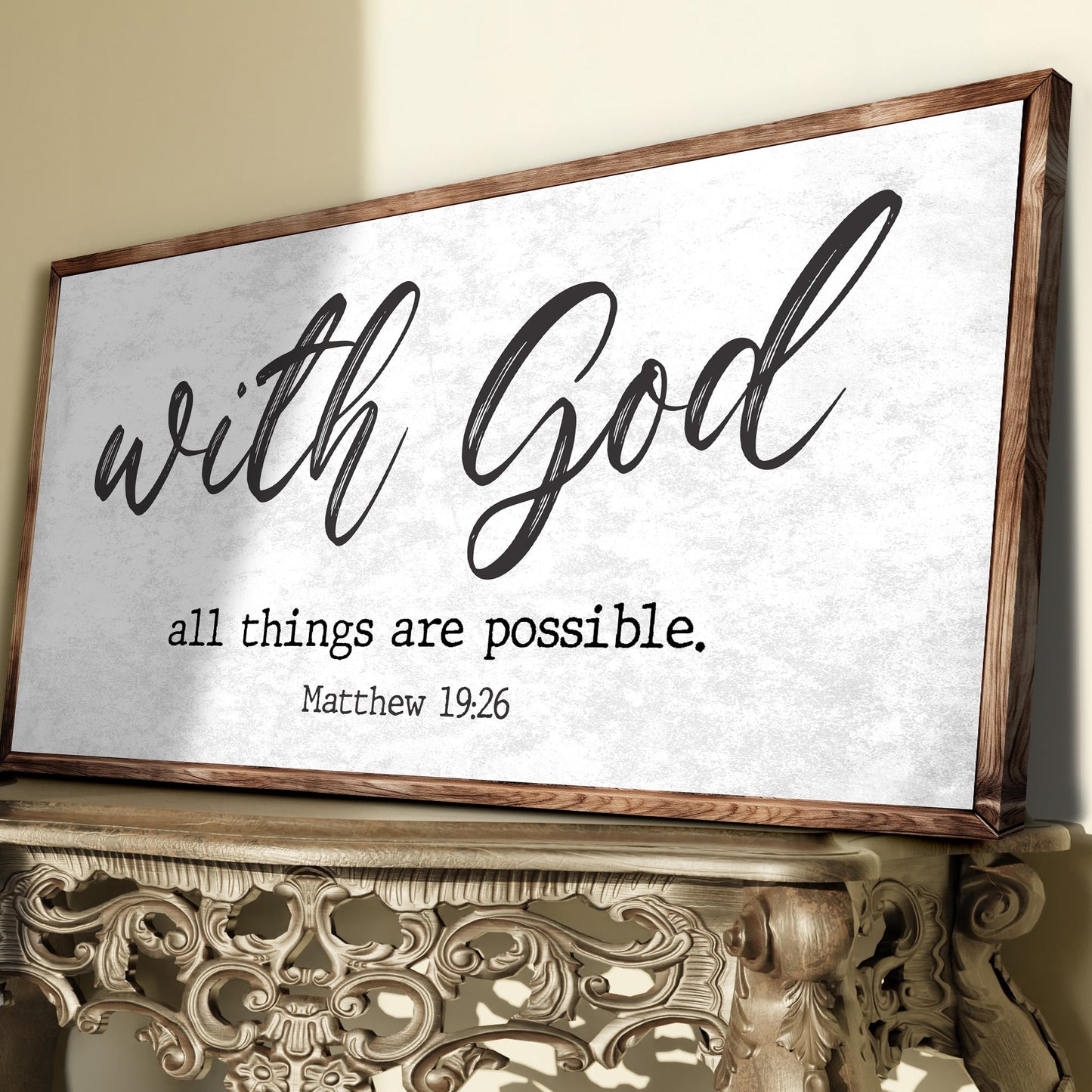 Canvas Matthew 19:26 With God all things are possible script sign wood frame Tailored Canvases on Tampa Home & Garden Store