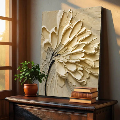 Flower Splatter Wall Art canvas with cream 3D petals Tailored Canvases on a wooden console on Tampa Home & Garden Store