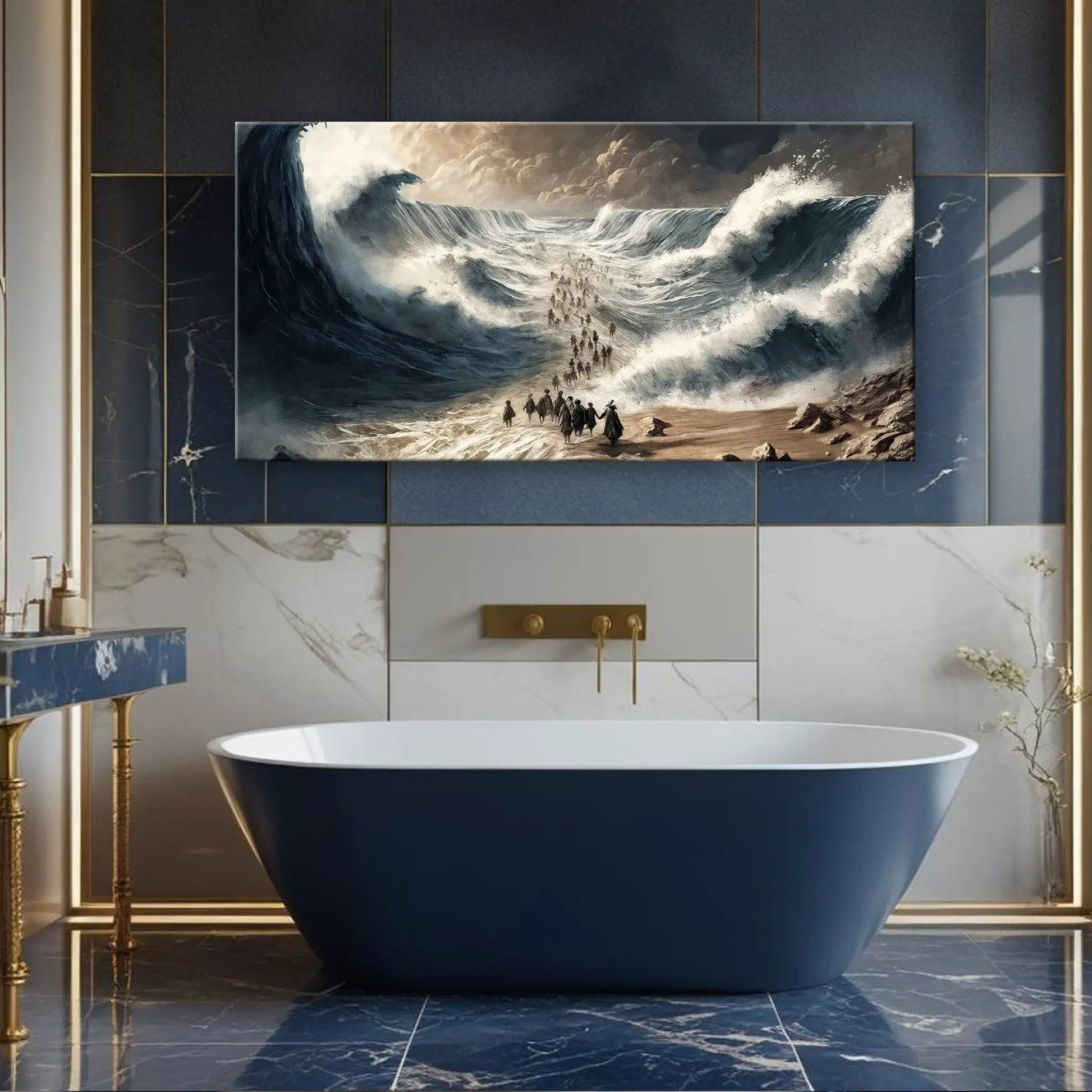 The Parting - Faith Wall Art IV canvas blue-toned seascape over a navy tub in a modern bathroom on Tampa Home & Garden Store