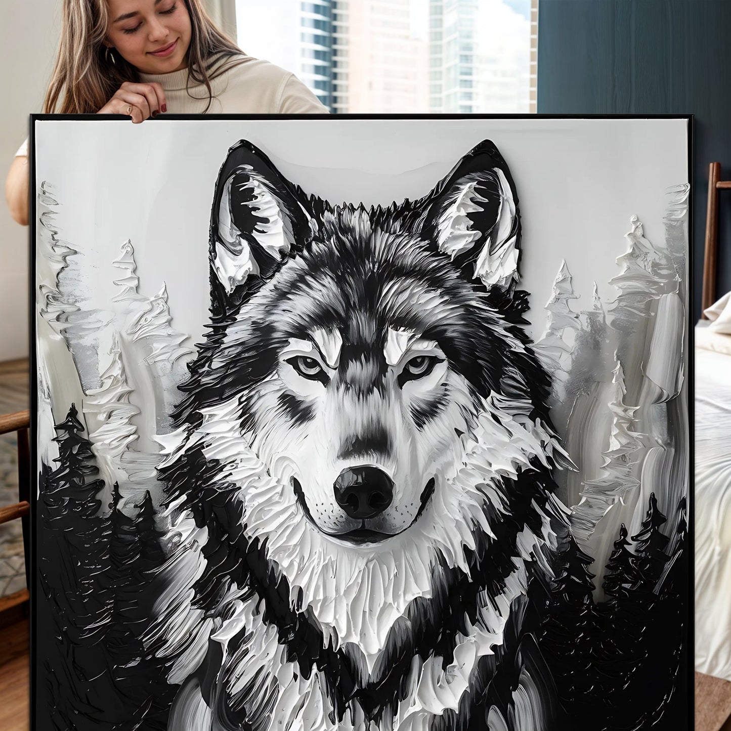 Tailored Canvases 3D Wolf Wall Art IV canvas, large monochrome wolf portrait framed on Tampa Home & Garden Store