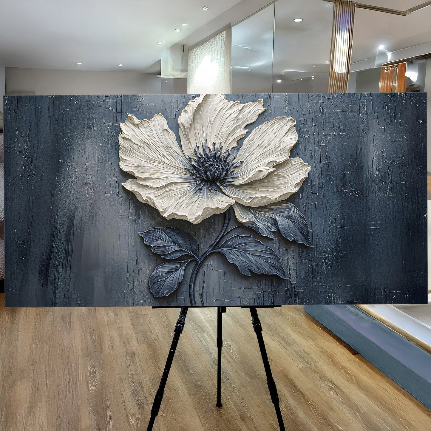 Floral Clay Relief Wall Art canvas by Tailored Canvases, white flower on dark blue backdrop on Tampa Home & Garden Store
