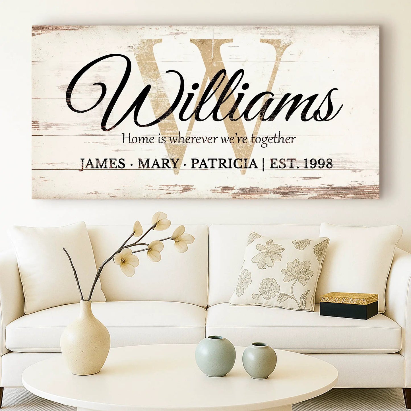 Personalized Family Sign XI canvas with distressed white wood backdrop and gold W monogram on Tampa Home & Garden Store