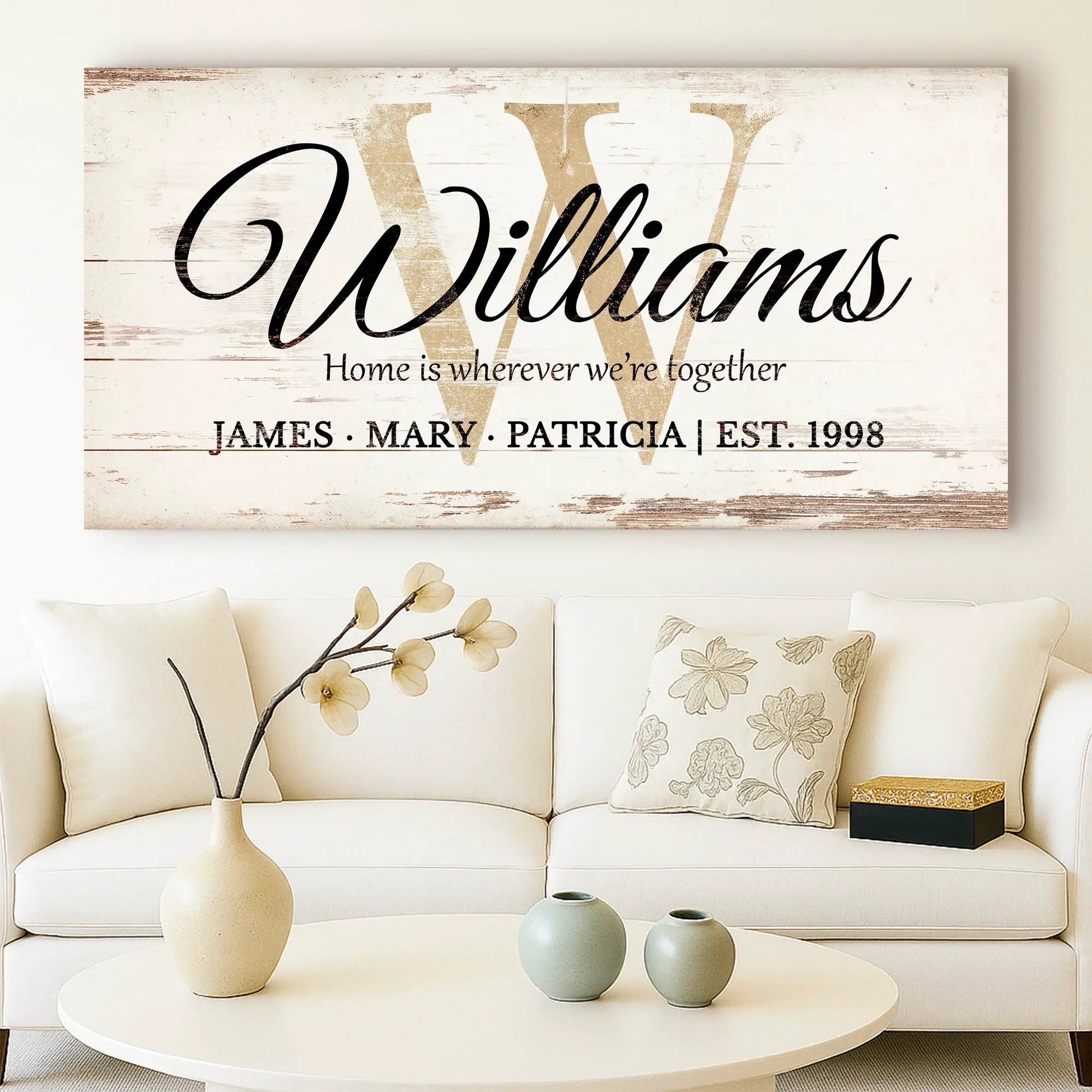 Personalized Family Sign XI canvas with distressed white wood backdrop and gold W monogram on Tampa Home & Garden Store