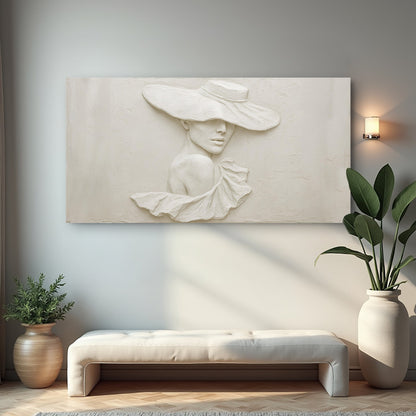 3D minimalist female portrait canvas with pale cream, wide-brim hat by Tailored Canvases on Tampa Home & Garden Store