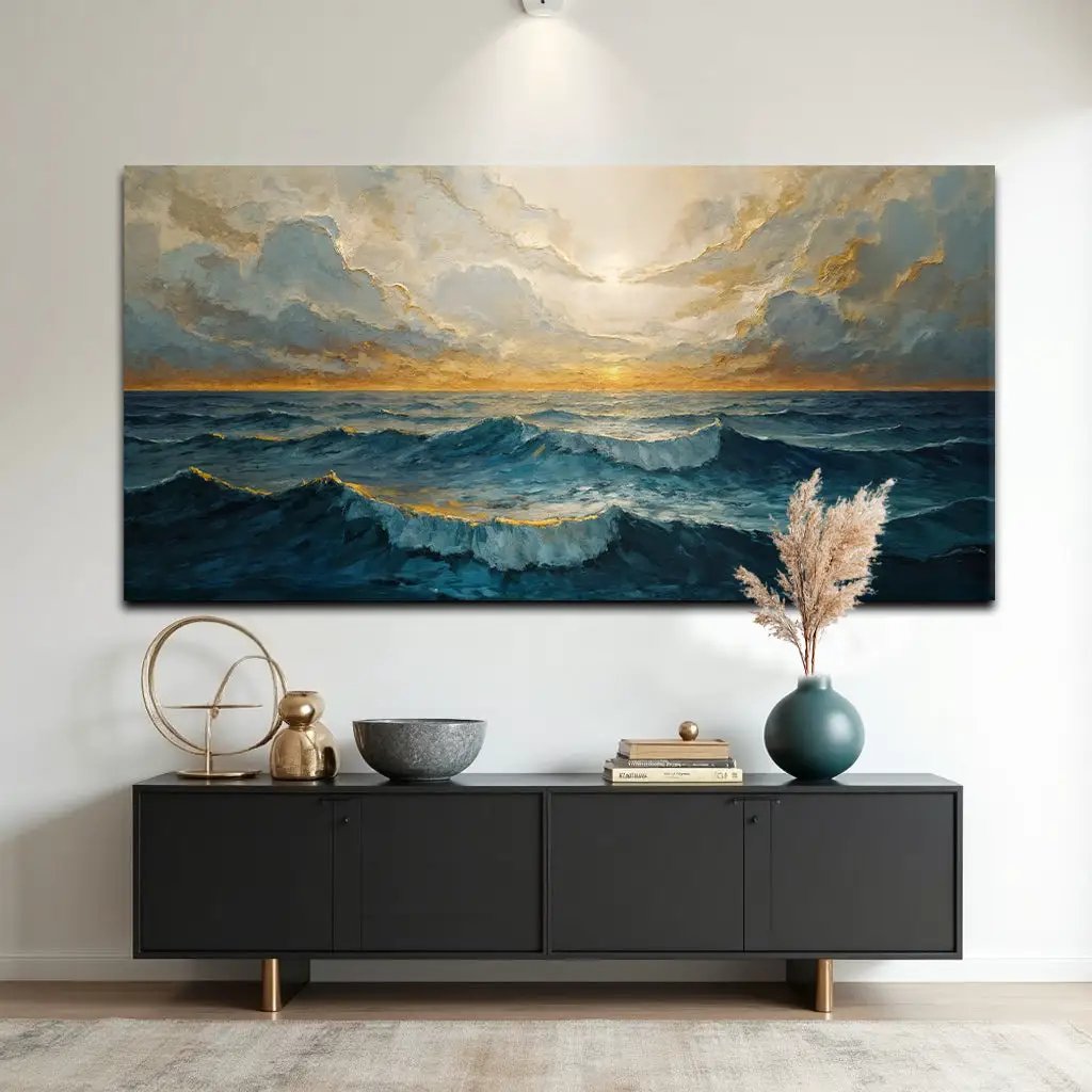 Waterscape Abstract Wall Art XI canvas by Tailored Canvases, blue ocean waves at sunset on Tampa Home & Garden Store