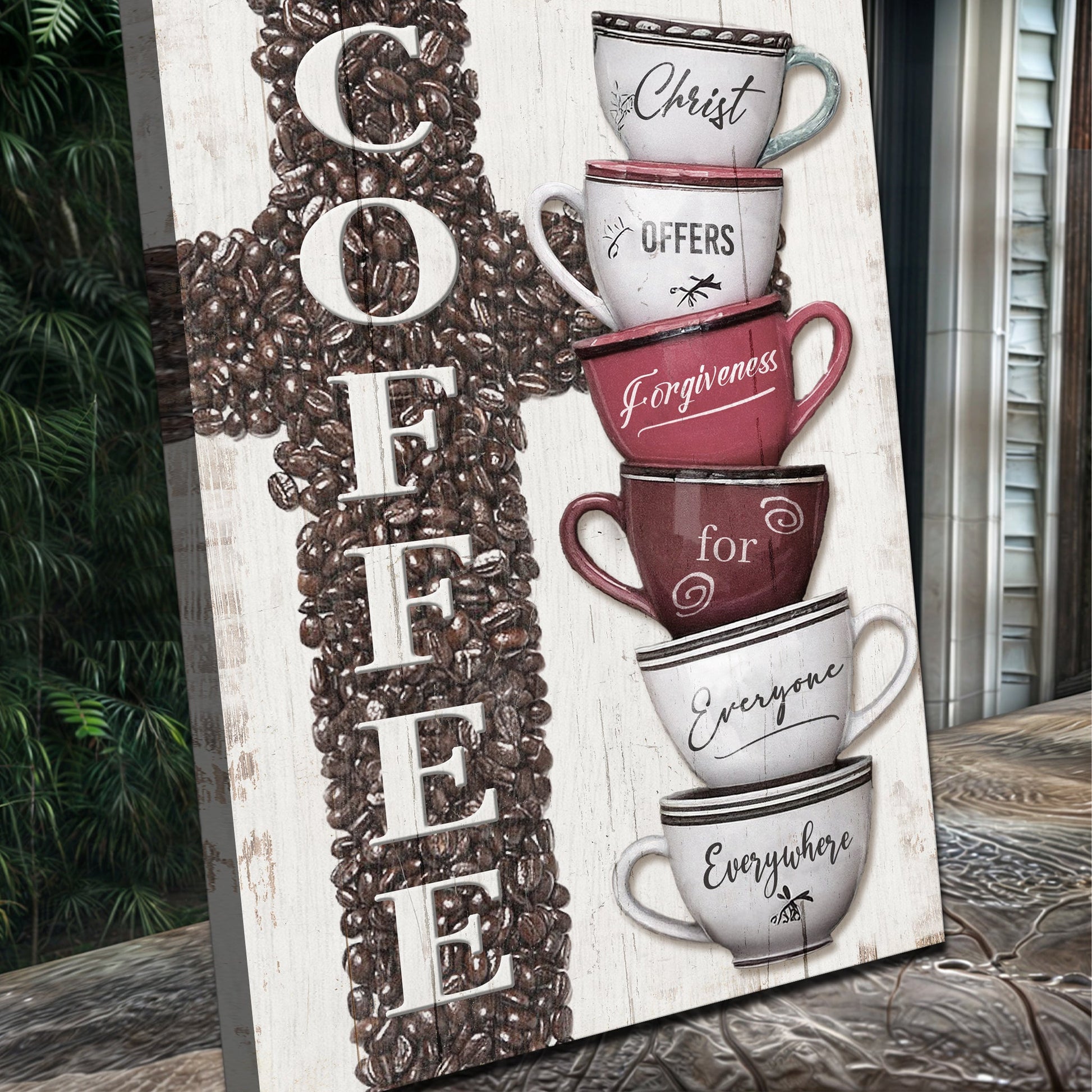 Canvas Our COFFEE Faith Sign IV with stacked white mugs and beans by Tailored Canvases on Tampa Home & Garden Store