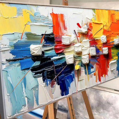 Urban Abstract Wall Art canvas by Tailored Canvases with thick color blocks on easel on Tampa Home & Garden Store