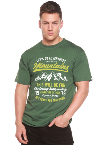 Let's Go Adventure men's green bamboo tee with mountain print Spun Bamboo on Tampa Home & Garden Store