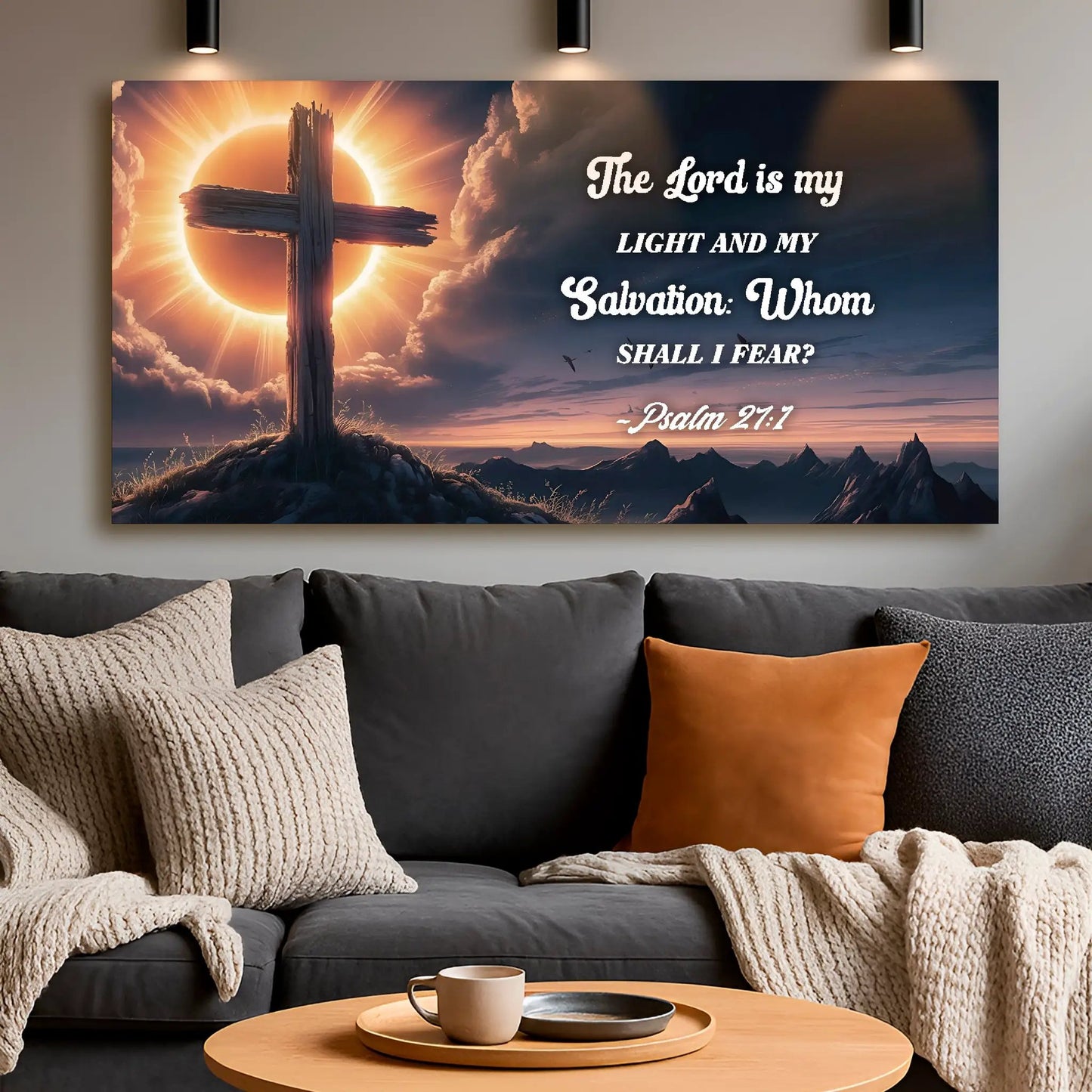 Psalm 27:1 faith sign canvas by Tailored Canvases; sun cross against bright sky on Tampa Home & Garden Store